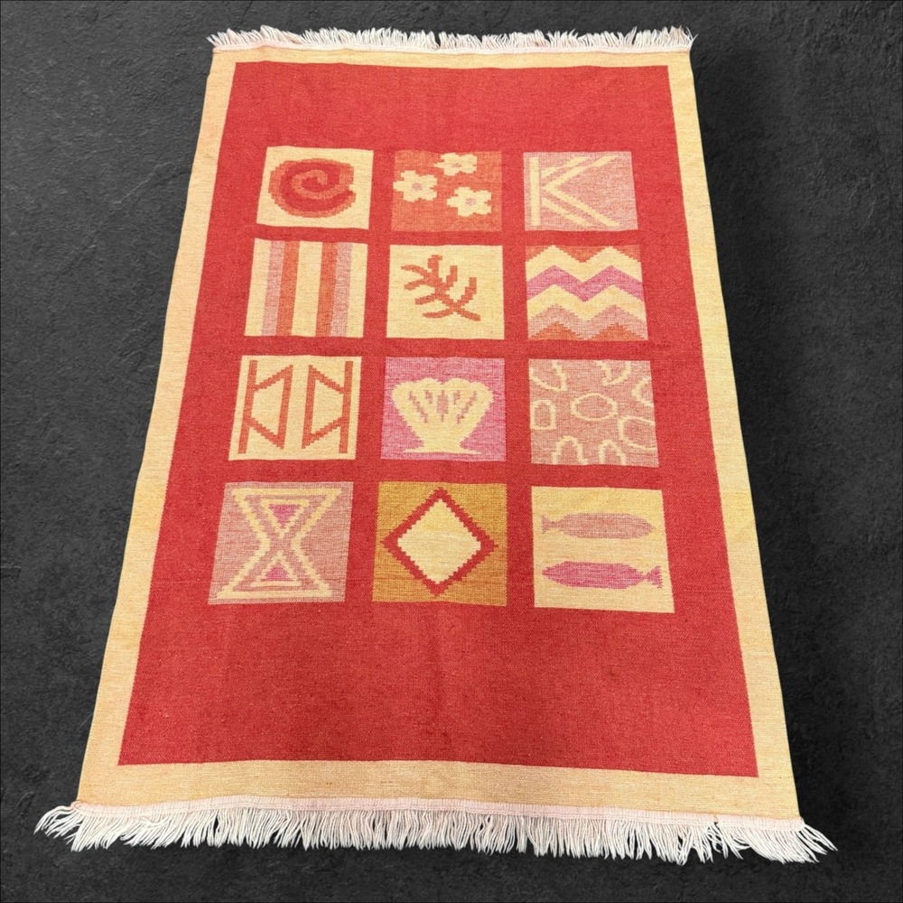 Vintage 100% Wool Flatweave Rug Red Geometric Shell Fish Motif Fringed Kilim